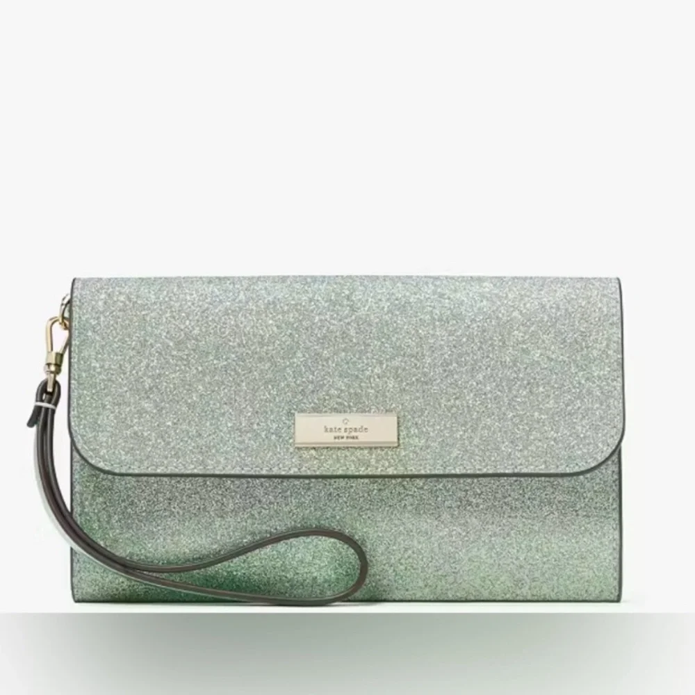 Kate Spade mint Glitter Kenzie medium flap Clutch with wristlet strap NEW IN BOX
